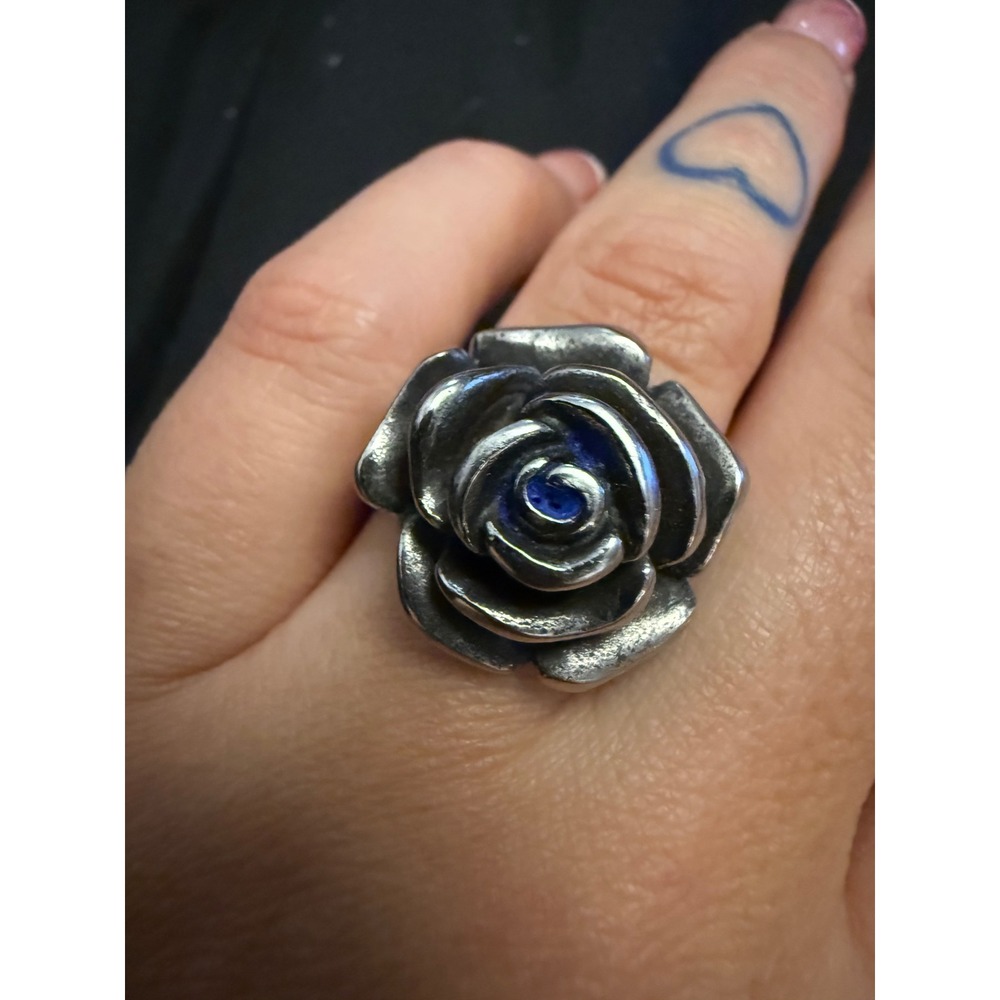 Spikes Stainless Steel Blue Center Rose Statement Ring Silver Tone Size 7